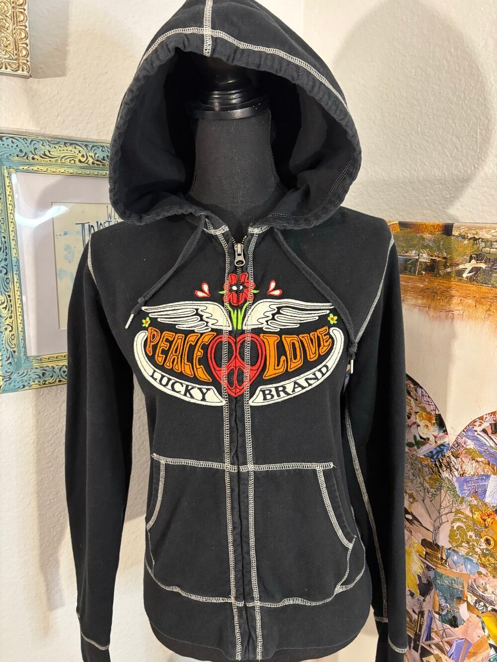 LUCKY 🍀 BRAND Rare VTG Archival Y2K Winged Peace ☮️ Zip Hoodie Sweatshirt Sz S